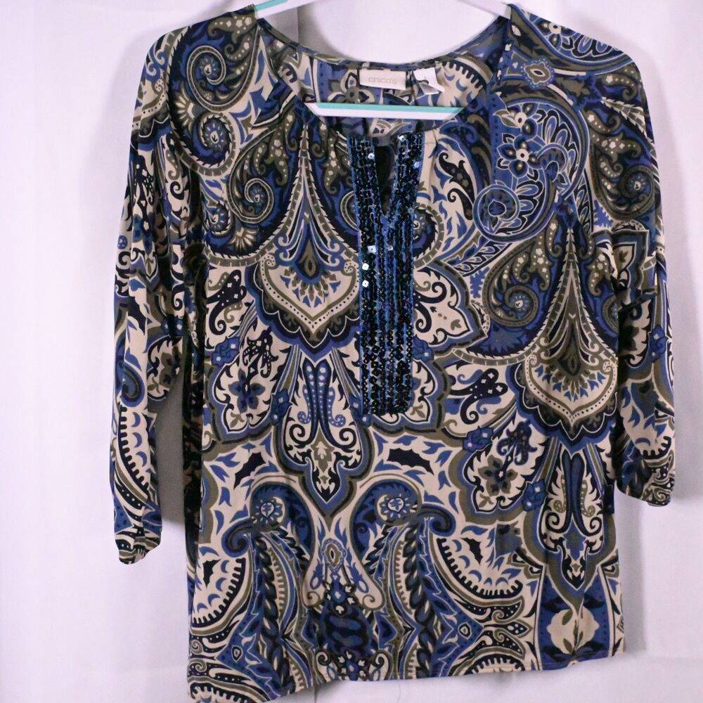 Chico's Green Blue Abstract Paisley 3/4 Sleeve Keyhole Tunic Women's 1 US 8